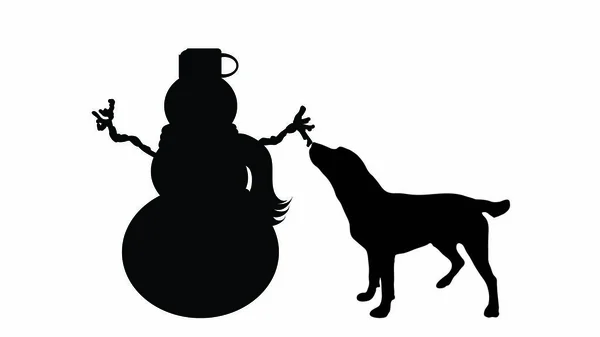 Vektorsilhouette Eines Schneemanns Mit Hund — Stockvektor