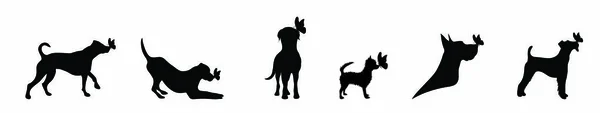 Vector Silhouette Dog Set Butterfly White Background — Stock Vector