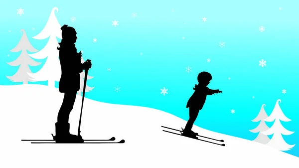 Kim Kışın Dağlarda Kayak Ailesinin Siluet Vektör — Stok Vektör