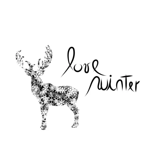 鹿的向量剪影与雪花和文本爱冬天 — 图库矢量图片
