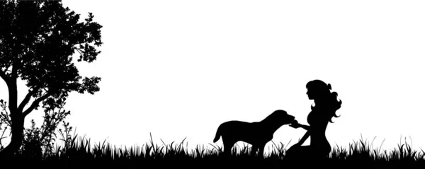妇女的向量剪影与狗在草甸 — 图库矢量图片