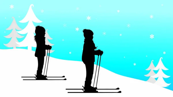 Silueta Vectorial Los Niños Que Esquian Las Montañas Invierno — Archivo Imágenes Vectoriales