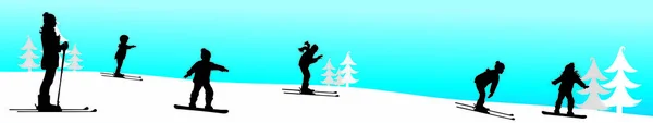 Векторный Силуэт Людей Занимающихся Зимним Спортом Горах Зимой — стоковый вектор