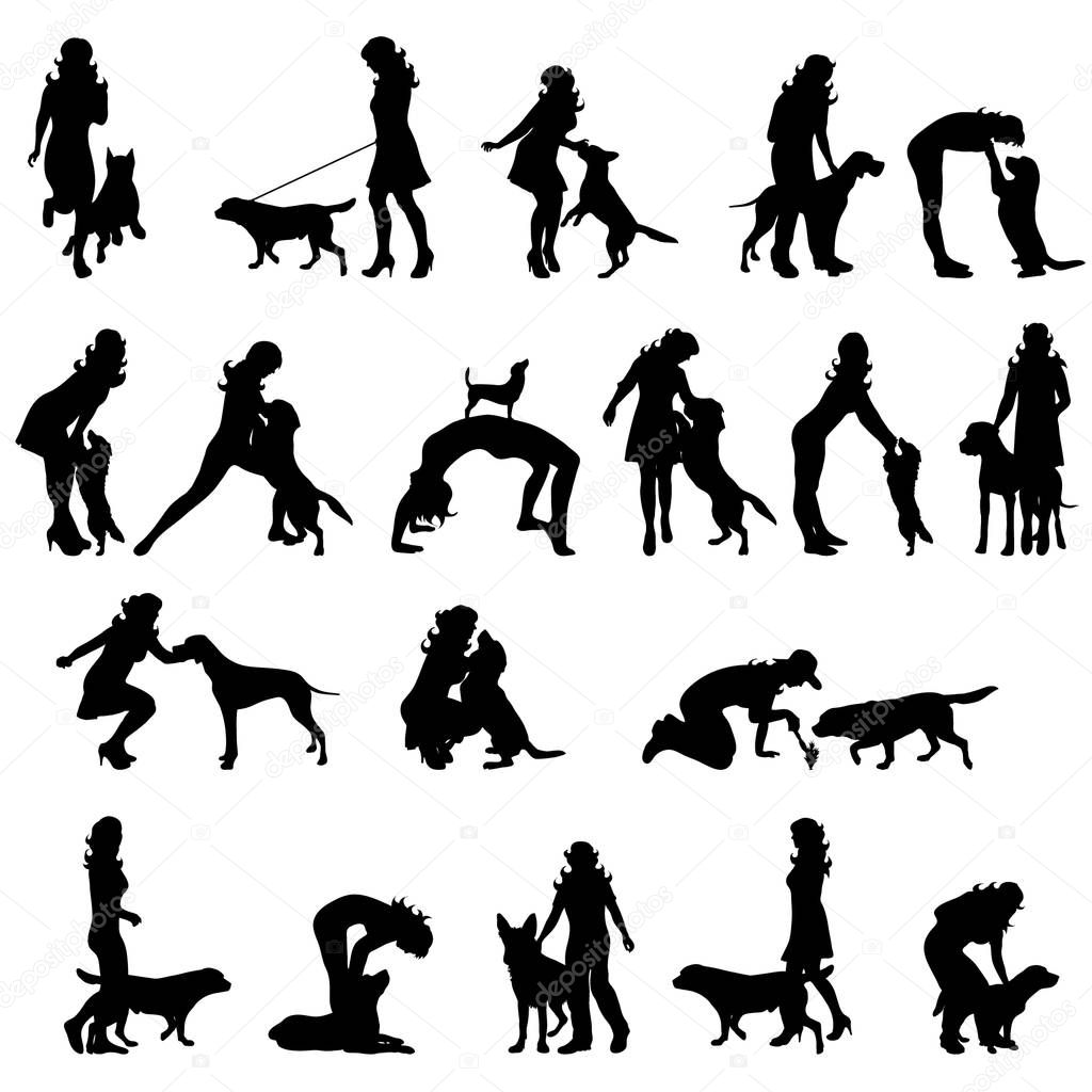 Vector silhouette of set of woman with dog white background.