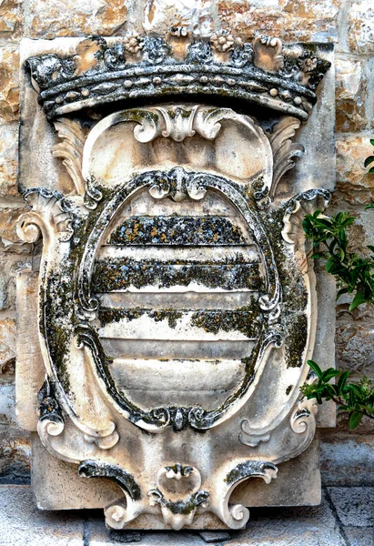 Többszínű Zuzmók Borítják Cartouchban Elhelyezett Hercegi Címerrel Ellátott Márvány Burkolólapok — Stock Fotó