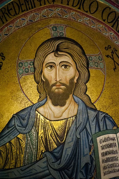 Zlaté Byzantské Mozaiky Zdobí Katedrálu Století Sicilském Městě Cefalu Rozdíl — Stock fotografie