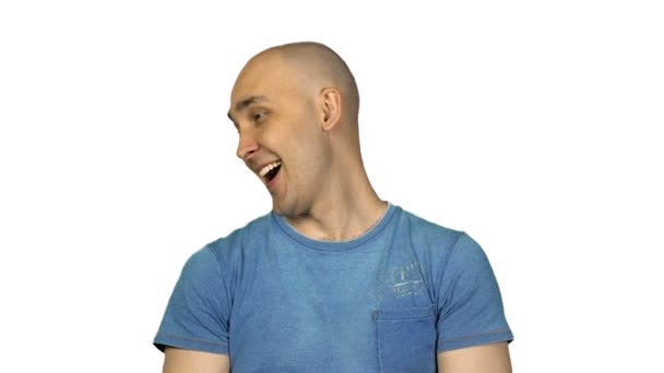 Happy bald man on white background — Stock Video