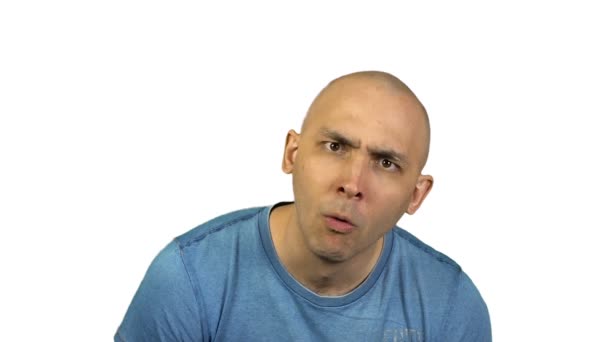 Surprised bald man on white background — Stock Video