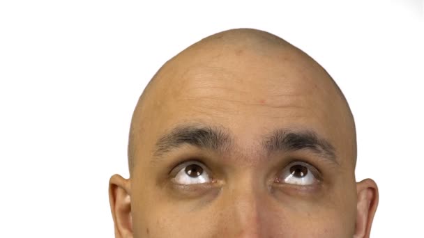 Bald man with half face on white background — Stock Video