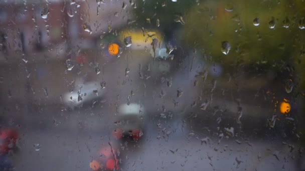 Día lluvioso y gotas de balanceo, vista desde la ventana — Vídeo de stock