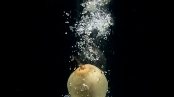 Видеозапись падения груши в воду на черном фоне — стоковое видео
