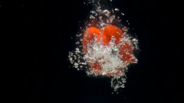 Filmación de la caída de pimiento rojo en el agua sobre fondo negro — Vídeos de Stock