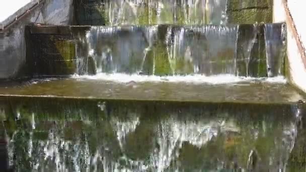 Schmutziger künstlicher Wasserfall im Teich — Stockvideo