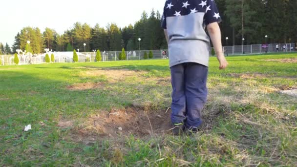 Dreijähriger Junge mäht Gras — Stockvideo