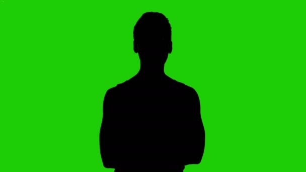 Womans silhouette with arms crossed on green background — Stock Video