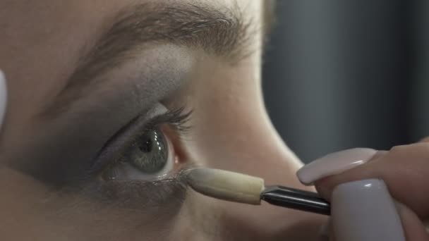 Video a mester alkalmazó sötét eyeshadows — Stock videók