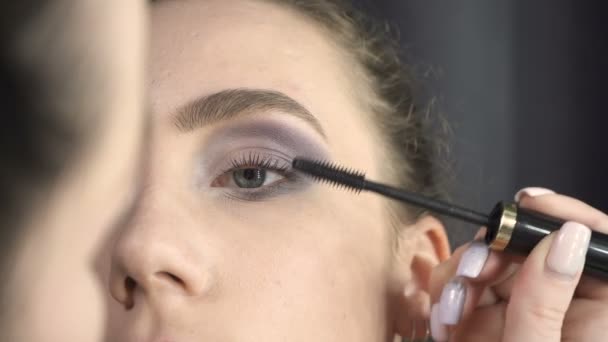 Shooting of master applying black mascara — Stock Video