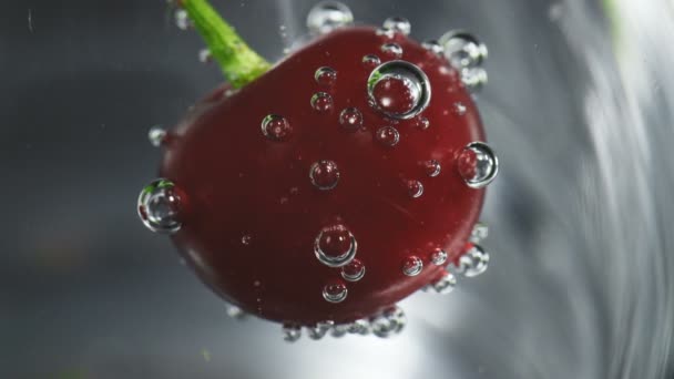 Видео спелой вишни с пузырьками содовой воды — стоковое видео