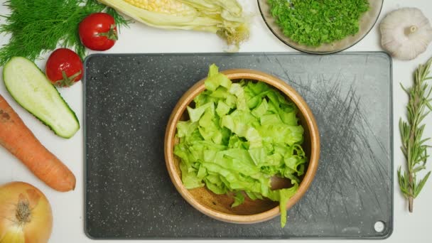 Видео приготовления овощного салата — стоковое видео