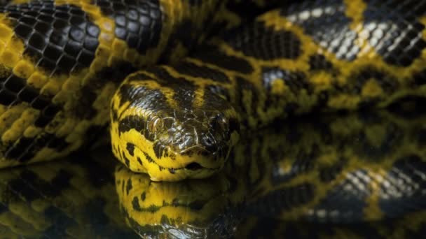 Крупный план съемки желтой анаконды, смотрящей в камеру — стоковое видео