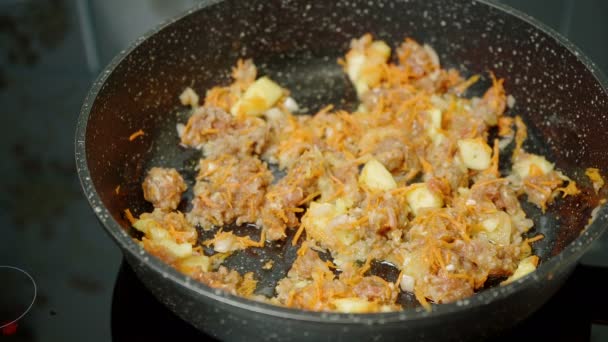 Video vom Kochen von Hackfleisch in der Pfanne — Stockvideo