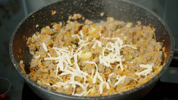 Shooting of cooking mince in the skillet — ストック動画