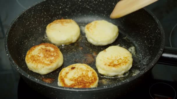 Vídeo de cozinhar torrado bolos de queijo cottage — Vídeo de Stock