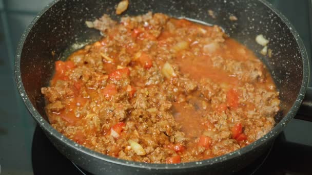Shooting of cooking of fried mince with tomato — Stock Video