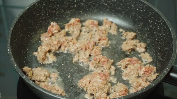 Video of cooking of fried mince filling in kitchen — Stock Video