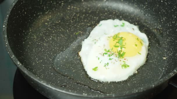 Dreharbeiten zum Kochen von Spiegelei in der Küche — Stockvideo