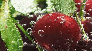 Kırmızı kiraz ve soda köpükleri, makro.
