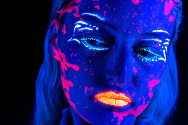 Young girl with bright make-up in neon — Stock Photo, Image