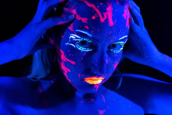 Image of girl with bright make-up in neon — Stock Photo, Image