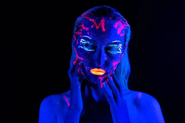 Photo of young girl with bright make-up in neon — Stock Photo, Image