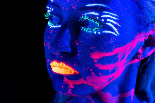 Picture of girl with bright make-up in neon — Stock Photo, Image