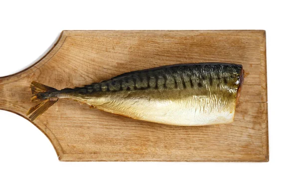 Smoked headless mackerel on kitchen wooden board — Stock Photo, Image