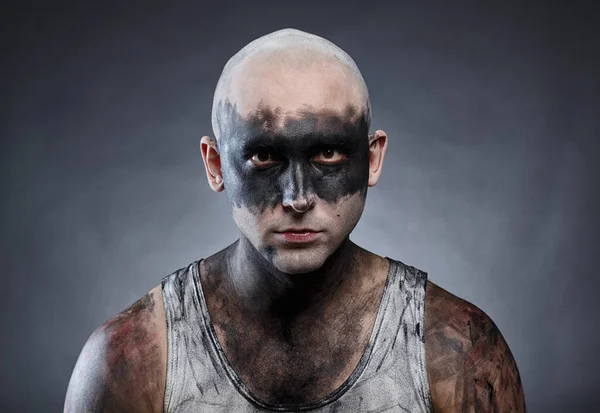 Photo of young bald man with dirty make-up effect — Stock Photo, Image