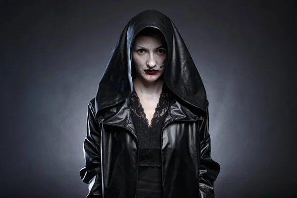 Photo of scary woman in black leather hood — Stock Photo, Image