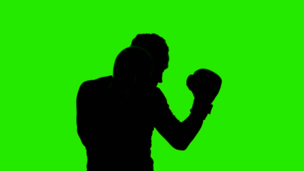 Video of mans silhouette with boxing gloves on isolated green background — Stock Video