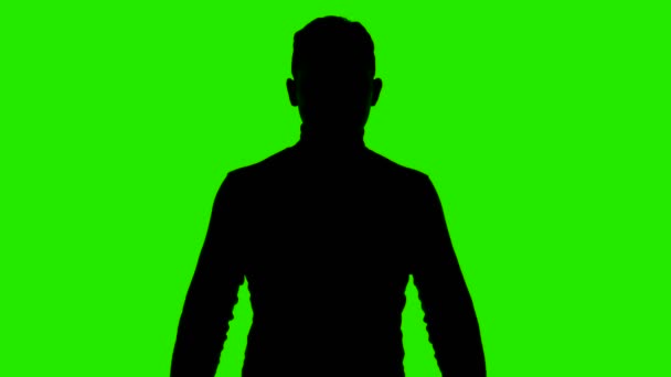 İzole edilmiş yeşil arka planda boks eldivenli bir adamın silueti. — Stok video