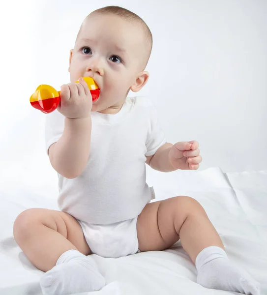 Foto de um bebê de nove meses com chocalho em um fundo branco — Fotografia de Stock