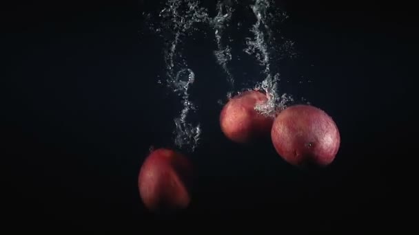 Footage of falling maracuya in the water on black background — Stock Video