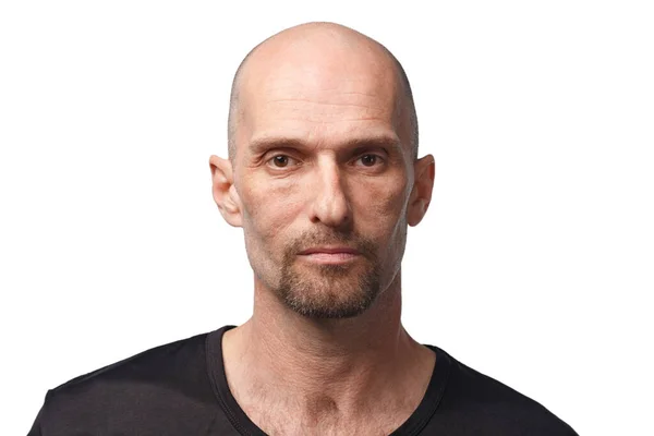 Foto de homem adulto careca em camisa preta sobre fundo branco — Fotografia de Stock