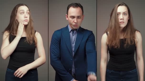 Split-Screen-Video von junger Frau und Mann in der Anzugjacke — Stockvideo