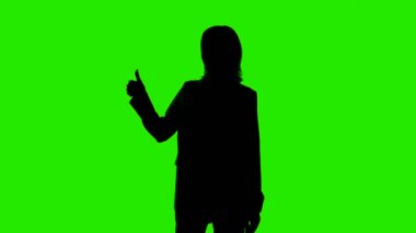 Takım elbiseli kadın silueti ve yeşil çizgili baş parmak hareketi.