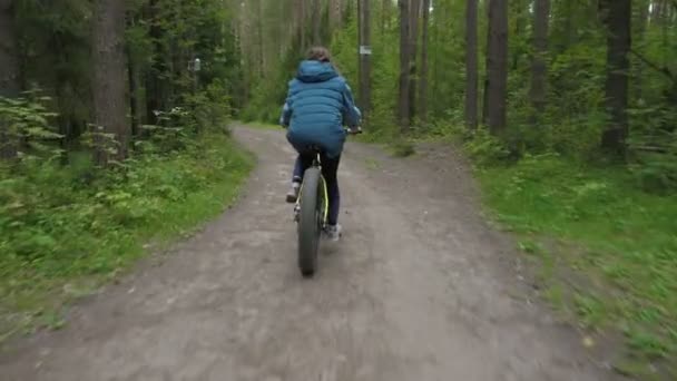 Nagranie poruszającego się roweru z tłuszczem w lesie letnim — Wideo stockowe