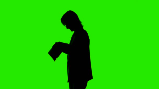 Video de las mujeres silueta en busca de algo en el bolso de las mujeres en verde — Vídeo de stock