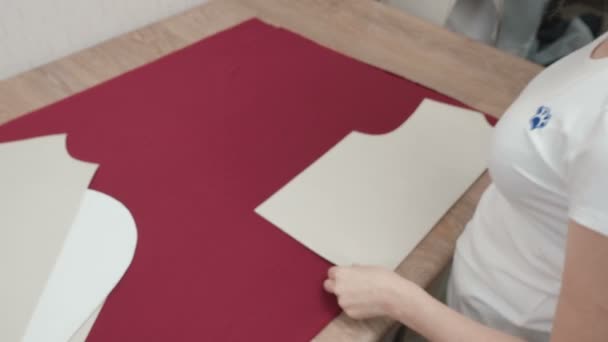 Beelden van naaister tekening curve lijn op stof in de werkplaats — Stockvideo