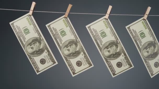 Banknotes drying on clothesline rope — Stock Video