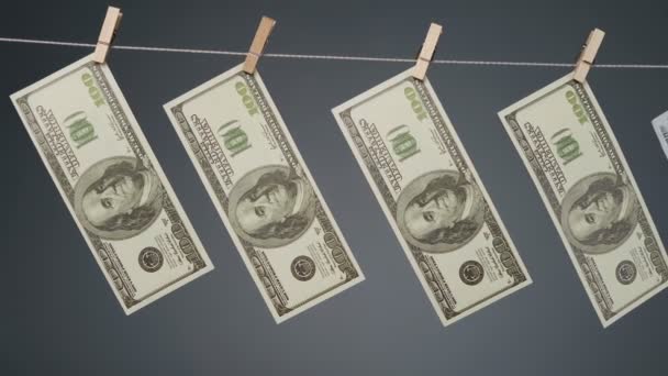 Hanging currency on clothesline rope — Stock Video
